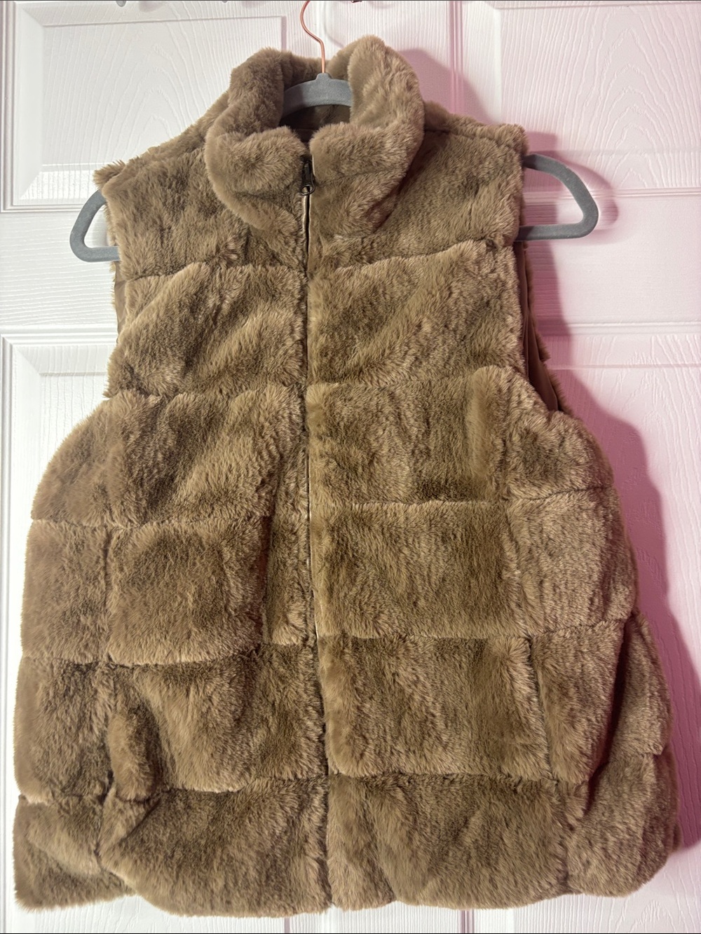 Carmen Camel Faux Fur Zip Up Vest Jacket High Collar Size M